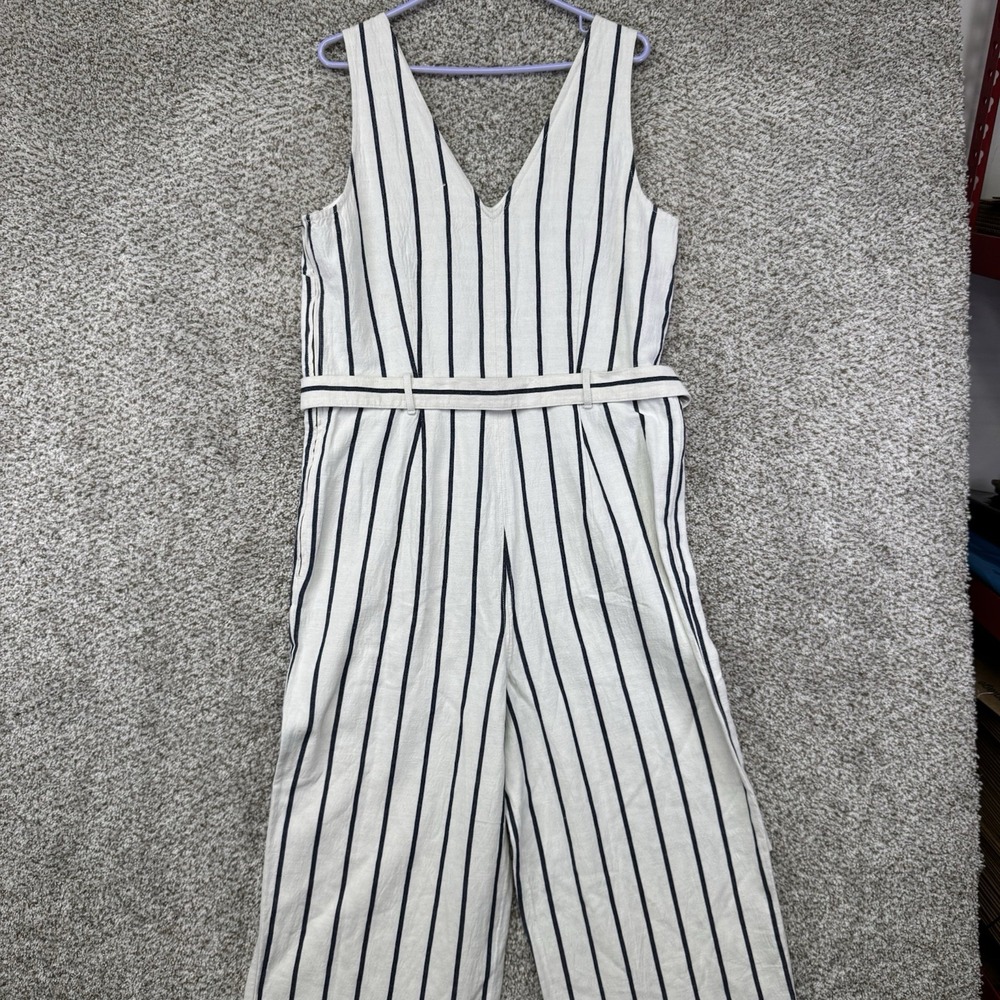 Madewell Pull On Jumpsuit Women's Size Large Linen Cotton Blend In Ivory Navy